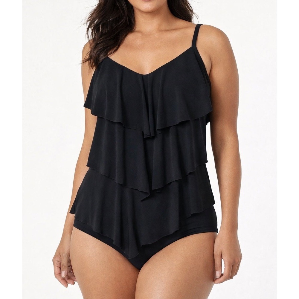 Magicsuit Black Tiered Ruffle Tankini Top Size 8 Flowy Swim